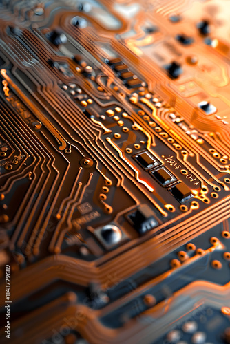 Intricate Electronic Circuit Board with Detailed Integrated Components and Copper Traces photo