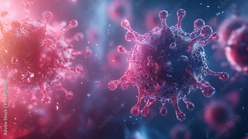 A vibrant microscopic view of viruses floating in a chaotic digital space highlighted by glowing particles symbolizing danger interconnectedness unseen threats resilience and the microscopic world of A vibrant microscopic view of viruses floating in a chaotic digital space highlighted by glowing particles symbolizing danger interconnectedness unseen threats resilience and the microscopic world of