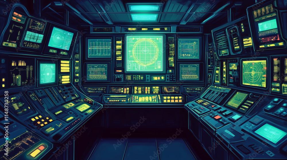 Futuristic control room with illuminated monitors Futuristic control room with illuminated monitors
