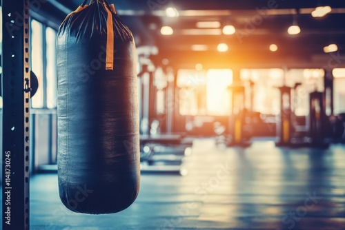 Boxing sandbag at gym for training and calorie burning Modern fitness facility with equipment photo