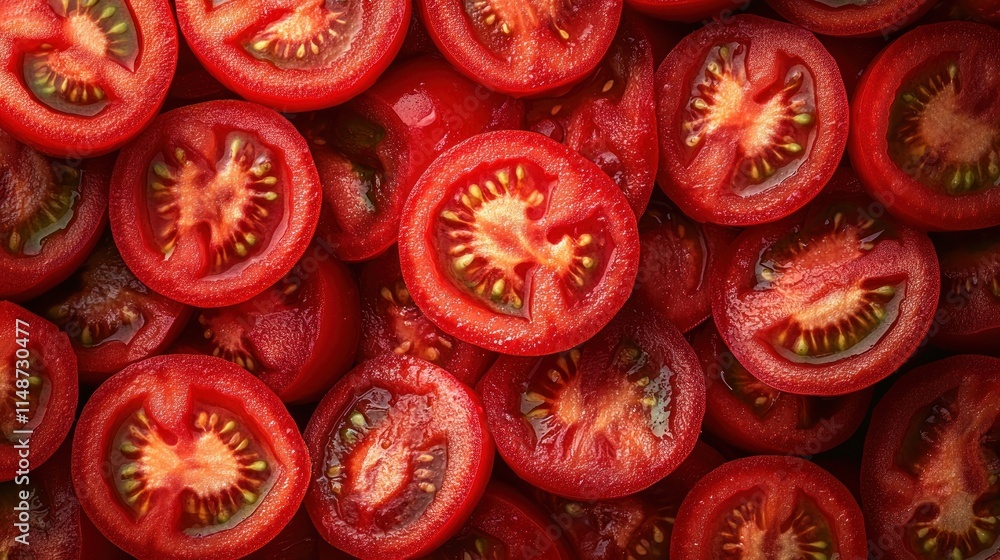 Fototapeta premium Freshly sliced red tomatoes background.