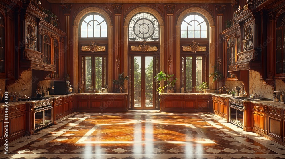 Obraz premium Sunlit luxury kitchen with hardwood floors and French doors.