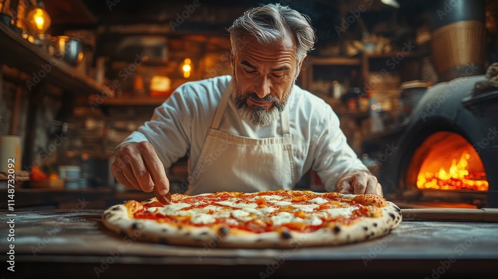 A chef skillfully prepares a pizza in a rustic kitchen with a wood-fired oven in the background. A chef skillfully prepares a pizza in a rustic kitchen with a wood-fired oven in the background.