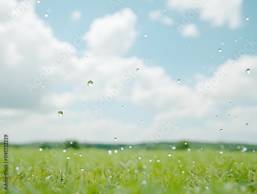 Indian Monsoon Raindrops Over Lush Green Fields Under Soft Pastel Skies photo