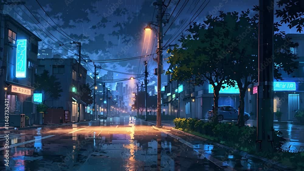 A street during night and raining. Anime style. Looping Lofi animation.