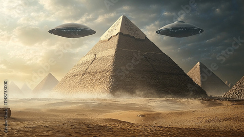 UFO hovers above ancient pyramids in a vast desert landscape glowing with otherworldly magic light evoking themes of mystery wonder and the interplay between ancient civilizations and extraterrestrial photo