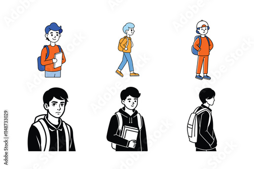 schoolboy icon set collection set of cartoon boy with backpack and school bag vector illustration