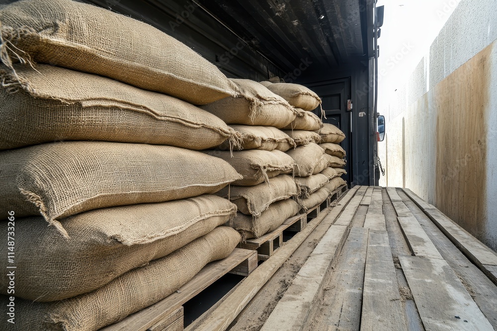 Burlap sandbags on wooden pallets are ready in a truck for flood relief or disaster readiness Burlap sandbags on wooden pallets are ready in a truck for flood relief or disaster readiness