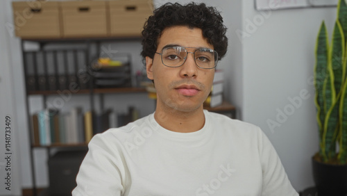 Handsome young hispanic man at work in an office with shelves in the background.