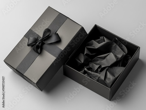 Elegant black gift box with ribbon and tissue. photo