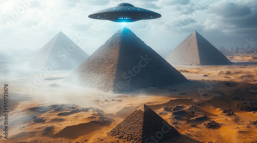 UFO hovers above ancient pyramids in a vast desert landscape glowing with otherworldly magic light evoking themes of mystery wonder and the interplay between ancient civilizations and extraterrestrial photo