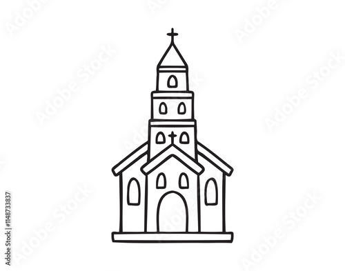 Christian building church catholic doodle hand drawn icon. Outline drawing Christian building catholic church line clipart symbol