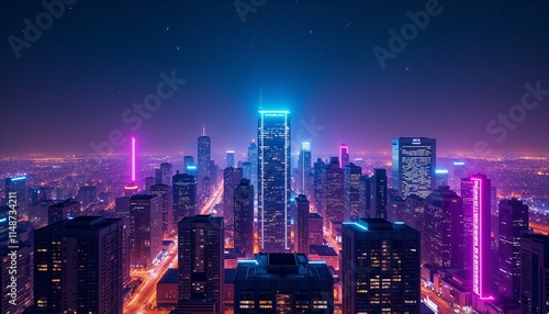 Nighttime cityscape illuminated by neon lights with skyscrapers and starry sky
