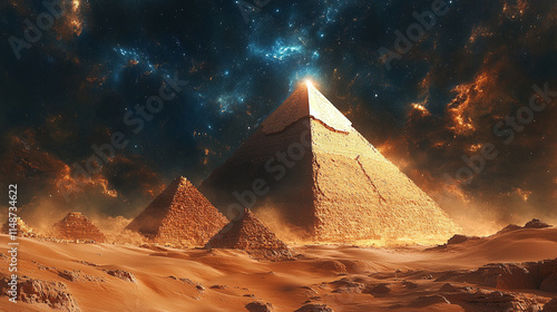 UFO hovers above ancient pyramids in a vast desert landscape glowing with otherworldly magic light evoking themes of mystery wonder and the interplay between ancient civilizations and extraterrestrial photo