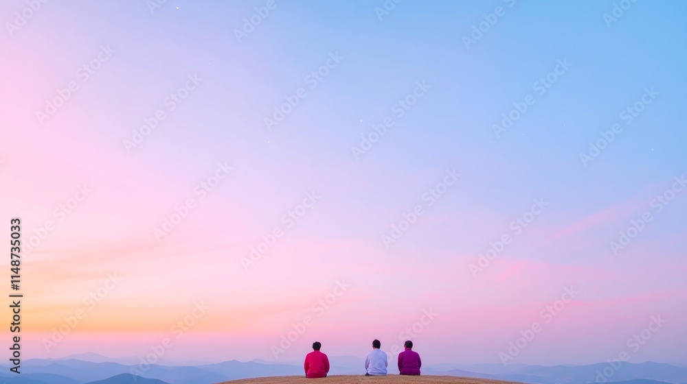 Korean Stargazers on Pastel Hilltop Observing Celestial Phenomena at Dusk Korean Stargazers on Pastel Hilltop Observing Celestial Phenomena at Dusk