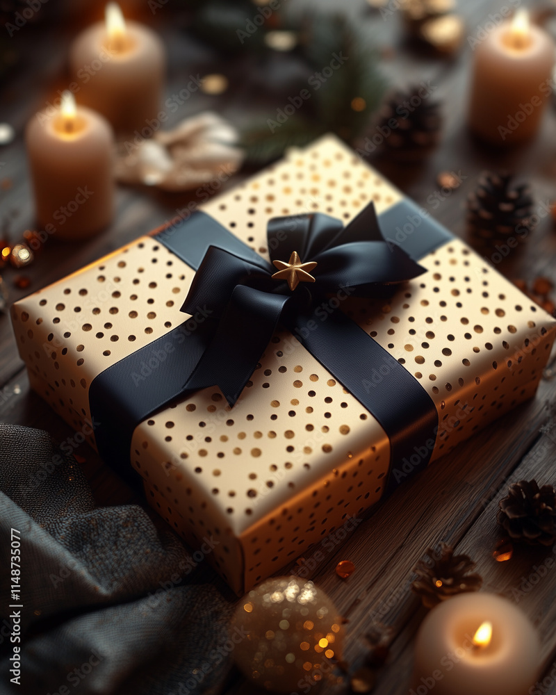 An elegantly wrapped gift with a gold pattern and a black ribbon, decorated with a star, lies on a soft fabric. Christmas, holidays, gifts and coziness An elegantly wrapped gift with a gold pattern and a black ribbon, decorated with a star, lies on a soft fabric. Christmas, holidays, gifts and coziness