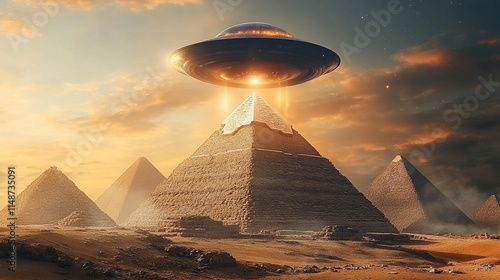 UFO hovers above ancient pyramids in a vast desert landscape glowing with otherworldly magic light evoking themes of mystery wonder and the interplay between ancient civilizations and extraterrestrial photo