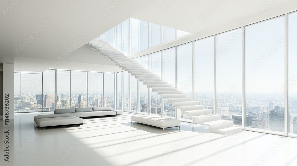 Obraz premium Modern minimalist interior with large windows and a staircase overlooking a cityscape.
