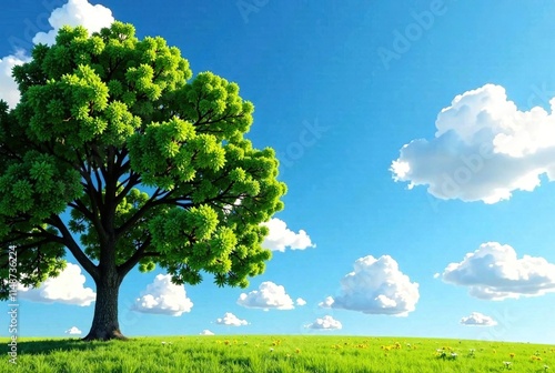 Sunny Day Landscape with Copy Space - Bright Blue Sky, Clouds, Nature