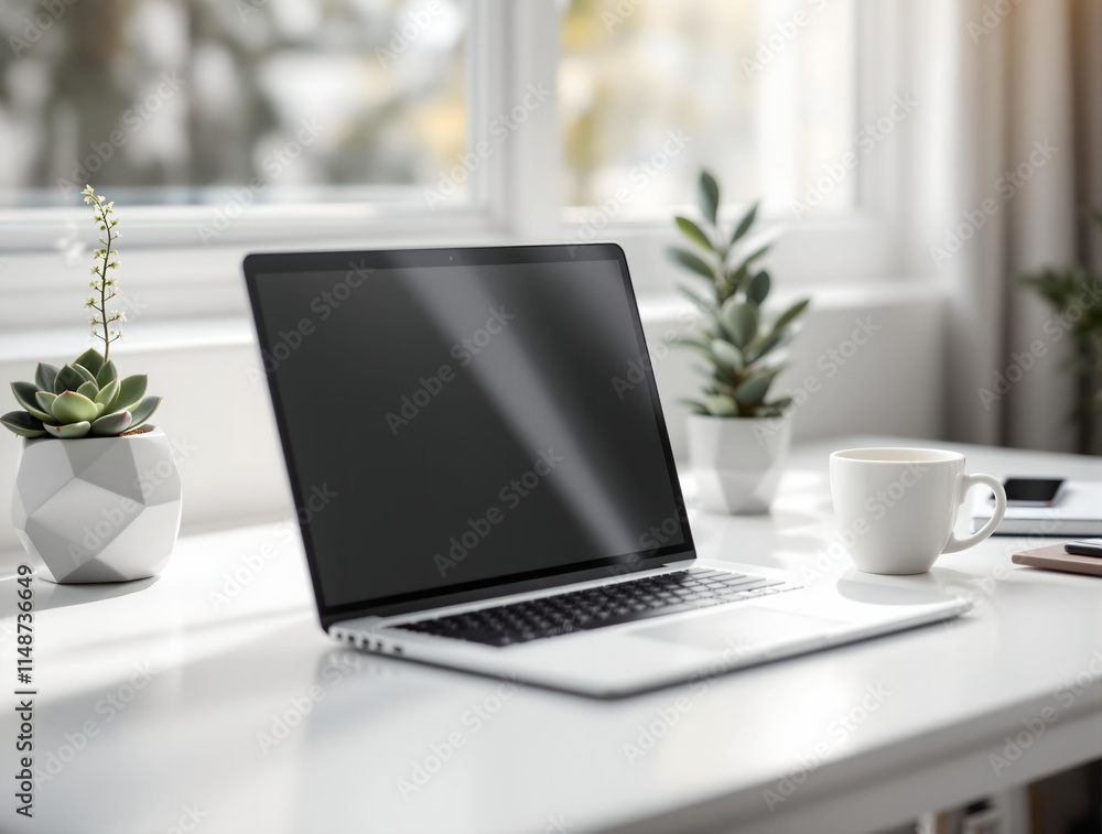 On a white desk, there is an open laptop with a blank screen, a white cup, and two small potted plants on both sides. A window with natural light is in the background. On a white desk, there is an open laptop with a blank screen, a white cup, and two small potted plants on both sides. A window with natural light is in the background.