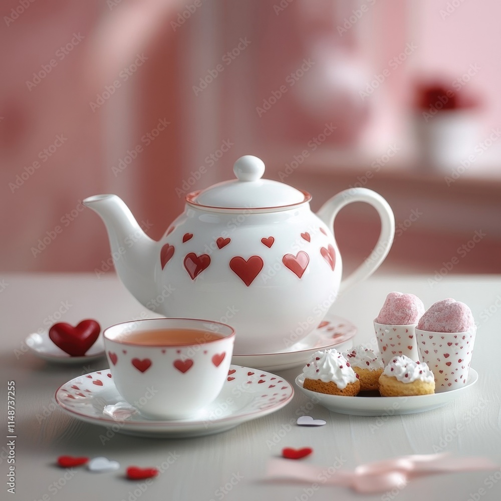 A tea set with a teapot and cups with hearts on them. A plate of cookies and a cupcake with hearts on them A tea set with a teapot and cups with hearts on them. A plate of cookies and a cupcake with hearts on them