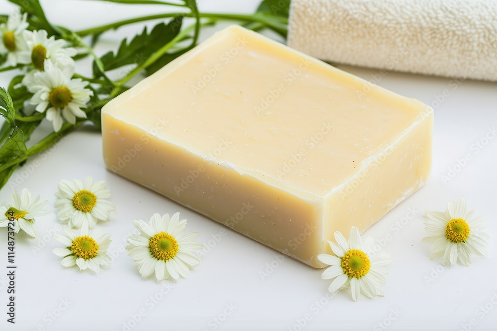Shea butter creates natural soap. Natural soap bar surrounded by chamomile flowers and greenery. Shea butter creates natural soap. Natural soap bar surrounded by chamomile flowers and greenery.