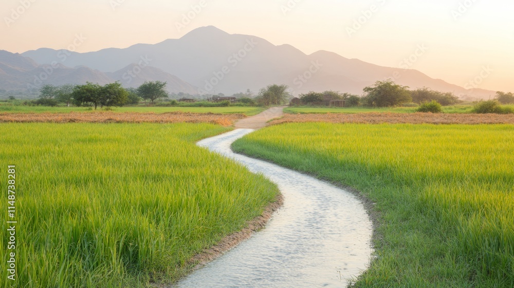 Serene Indian Landscape with Irrigation Stream at Dawn Serene Indian Landscape with Irrigation Stream at Dawn