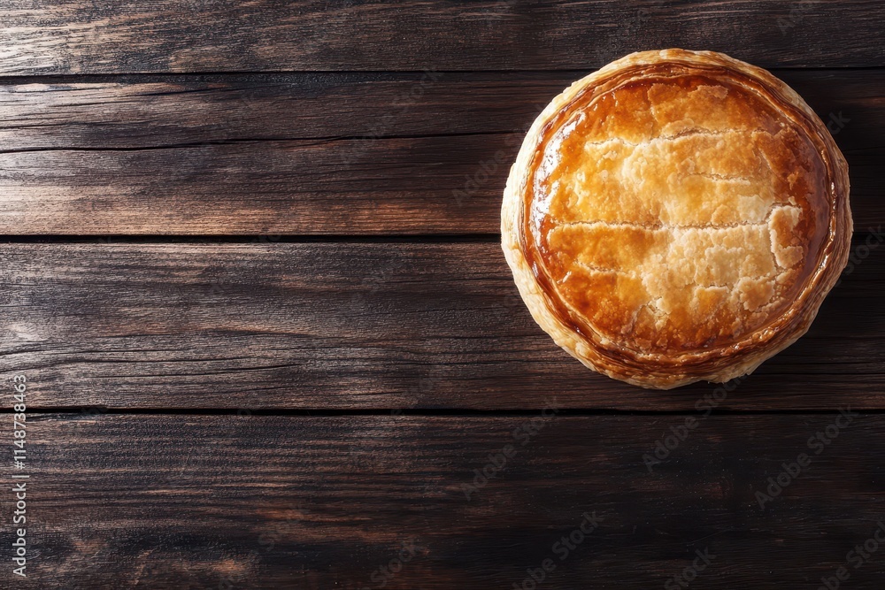 Classic Australian meat pie on a wooden surface Puff pastry Whole savory pies with various fillings Overhead view Empty space Classic Australian meat pie on a wooden surface Puff pastry Whole savory pies with various fillings Overhead view Empty space