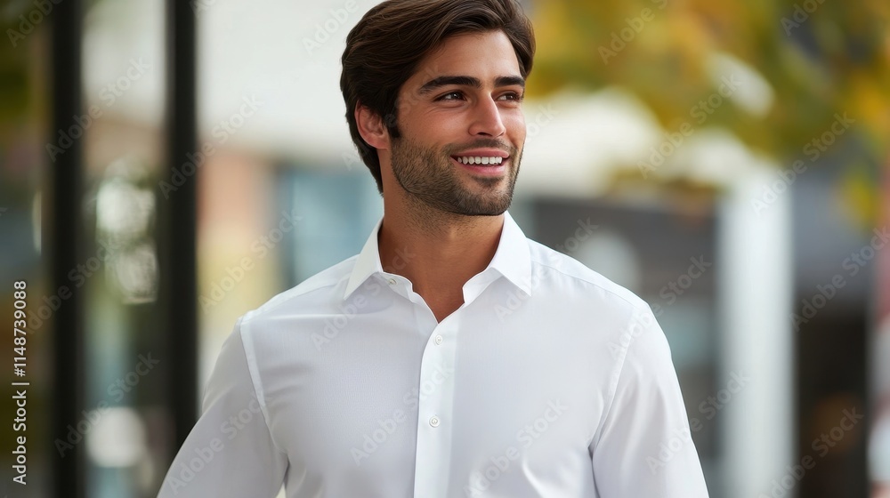 Stylish Man Smiling Outdoors in Bright Environment Stylish Man Smiling Outdoors in Bright Environment