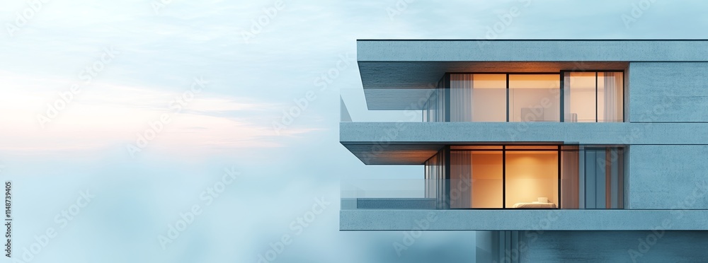 Modern building design with large glass windows.