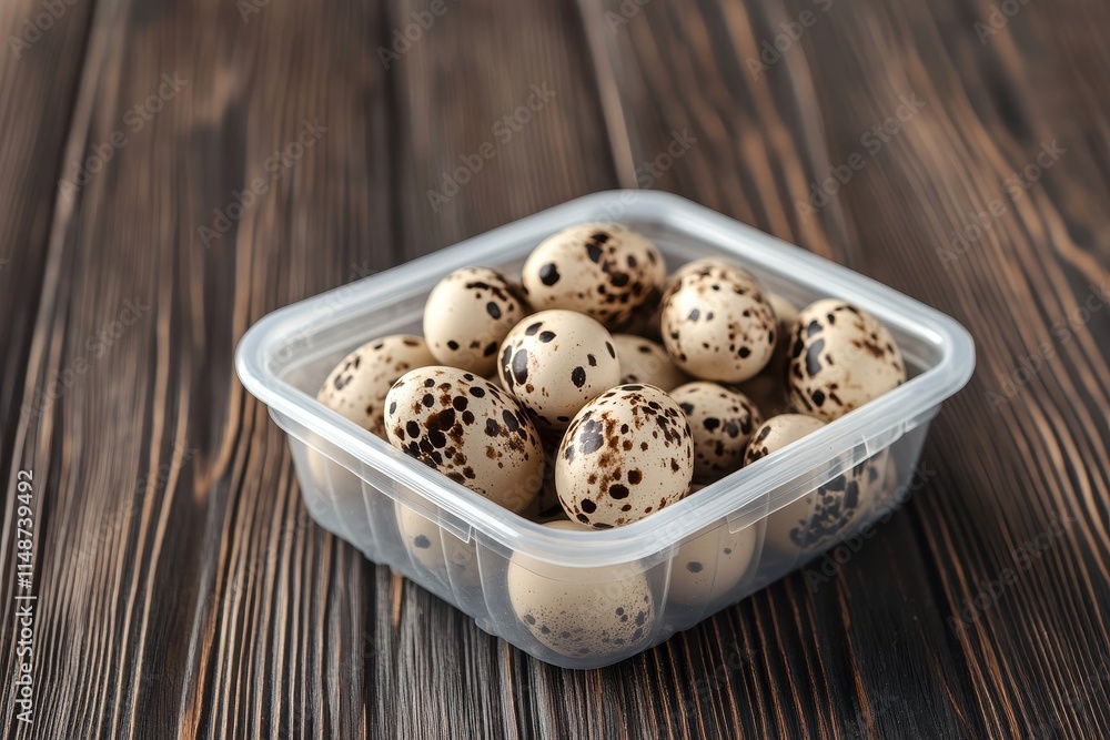 Clear plastic box of quail eggs on wood Clear plastic box of quail eggs on wood