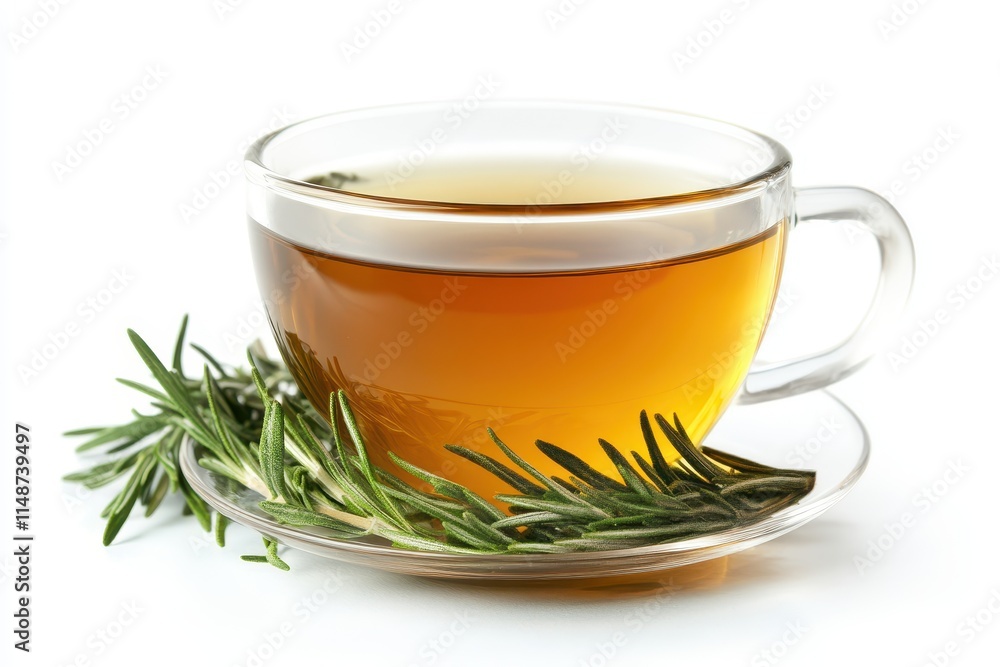 Clear mug of warm rosemary tea against a white backdrop Clear mug of warm rosemary tea against a white backdrop