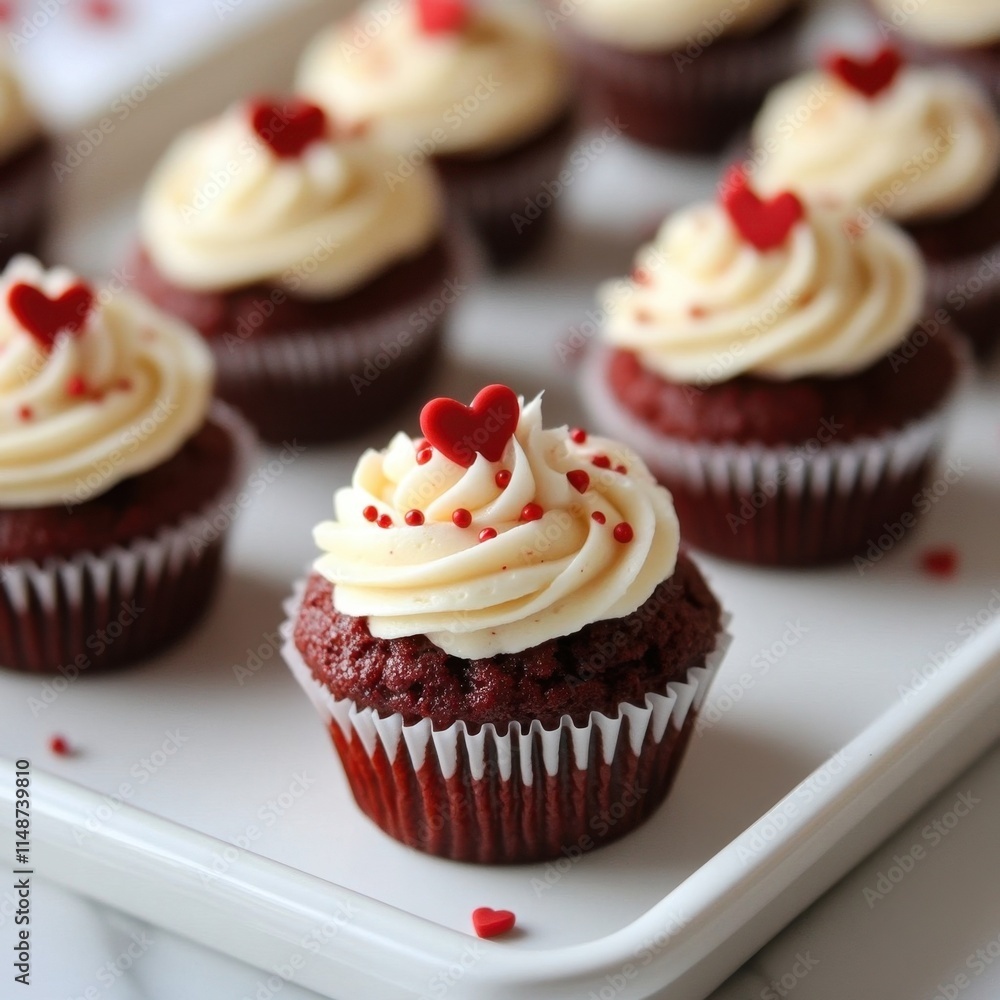 A tray of red velvet cupcakes with white frosting and red hearts on top. The cupcakes are arranged in a row and are ready to be served A tray of red velvet cupcakes with white frosting and red hearts on top. The cupcakes are arranged in a row and are ready to be served