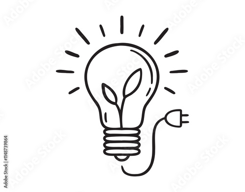 Bulb energy plant doodle hand drawn icon. Outline drawing Green energy ecology sustainability line clipart symbol