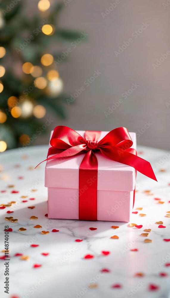 Romantic gift box with red hearts and festive decor Romantic gift box with red hearts and festive decor