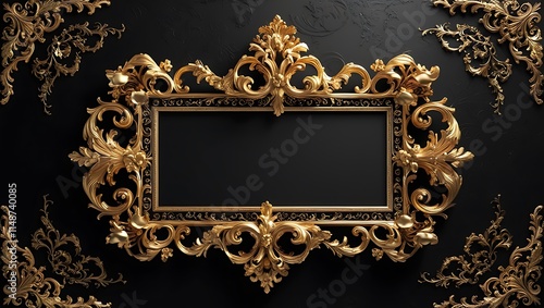 Vintage gold ornate picture frame on black background