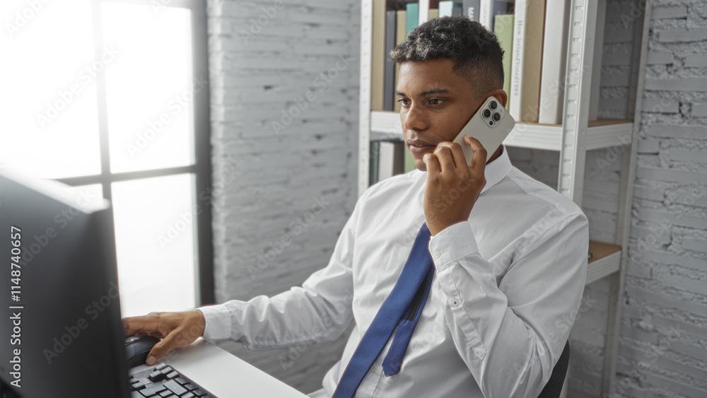 Young hispanic man in office working on computer while talking on phone, focused and professional Young hispanic man in office working on computer while talking on phone, focused and professional