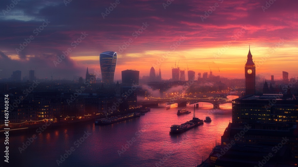 Fototapeta premium Sunset Over London Skyline with River Thames and Cityscape View