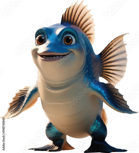 Watercolor vector of a cartoon  semi-humanoid fish animation, isolated on a white background.