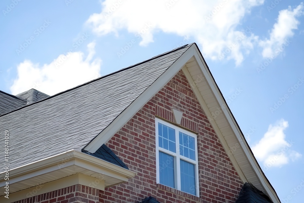 Close up of a luxury single family home featuring a dual gable design Traditional roof with a square window Close up of a luxury single family home featuring a dual gable design Traditional roof with a square window