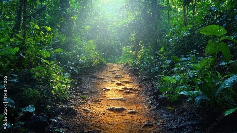 Fototapeta premium Sunlit stone path through lush green jungle.