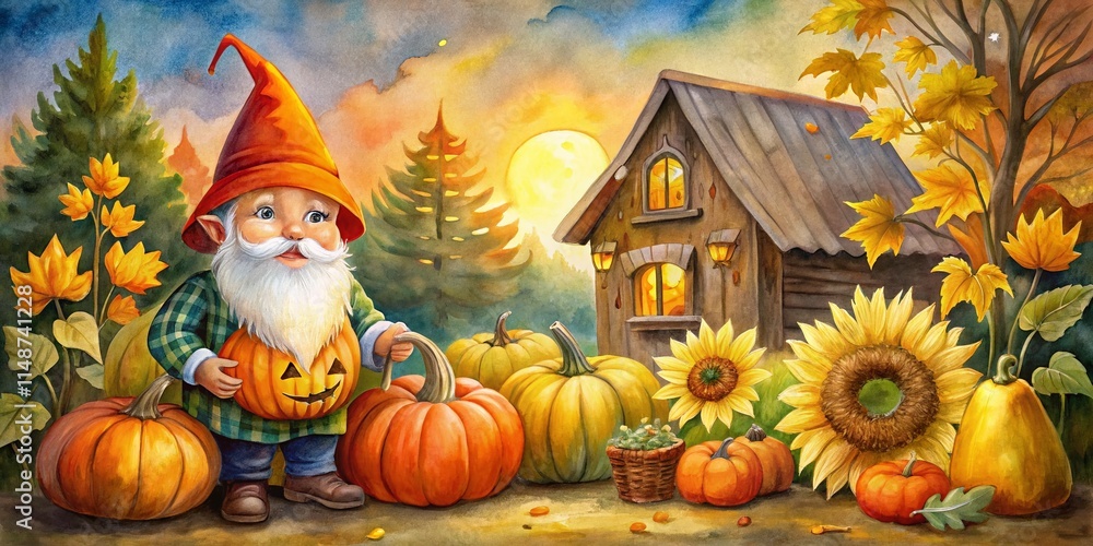 Obraz premium Autumn Gnome with Pumpkin & Sunflowers by Rustic Pumpkin House - Thanksgiving Harvest Watercolor