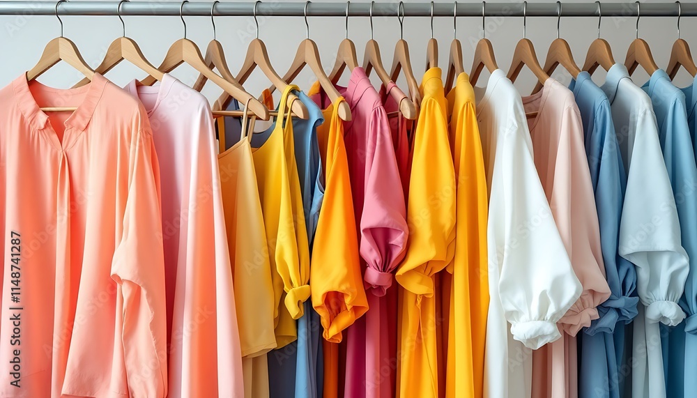 Fototapeta premium Colorful Women's Clothing Assortment Tops and Dresses on Rack