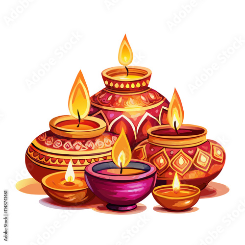 Diwali oil lamps watercolor on white background clipart vector illustration (1)