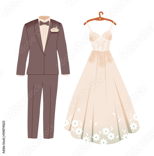 Elegant bride and groom clothing,  bridal style and romantic elements. Wedding dress and suit. Flat vector illustration.
