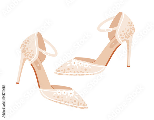 Female wedding elegant shoes with heels. Flat vector illustration.