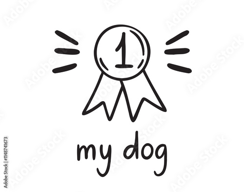 Dog award or medal for dog t as pets exhibition winner concept. medal for dog doodle hand drawn icon. Outline drawing dog winner line clipart symbol
