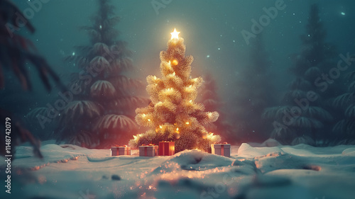 Christmas tree in winter and gift boxes in snowy forest. Decorated Christmas tree with garlands and star at night. Holiday card. New Year concept. Winter landscape. New Year tree with shiny star