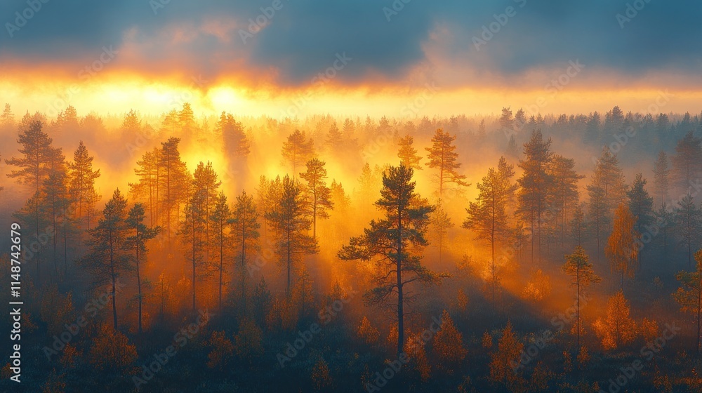 Fototapeta premium Sunrise illuminating foggy forest.