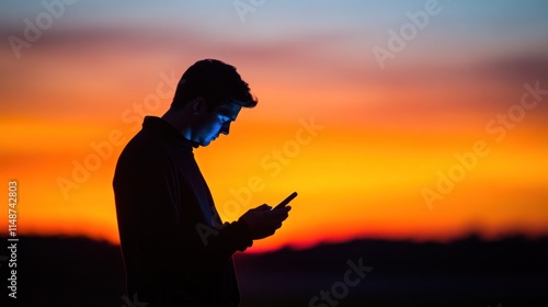 Silhouette of a Young Man Checking His Phone at Sunset